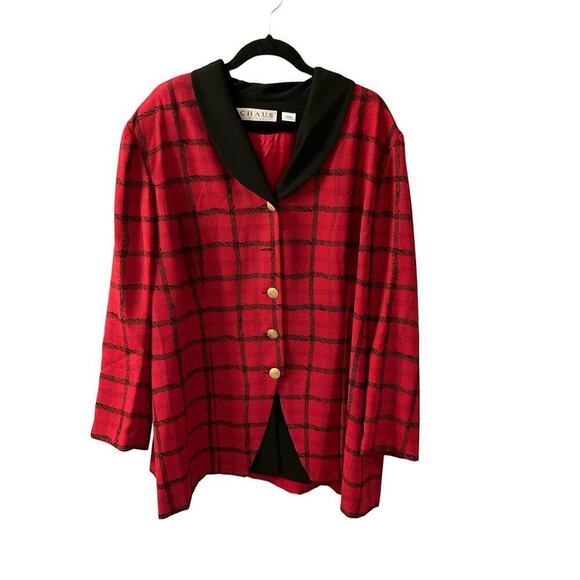 Chaus Jacket Top Women's 24W Plus Black Red Check 100% Polyester Shawl Collar - Picture 1 of 6